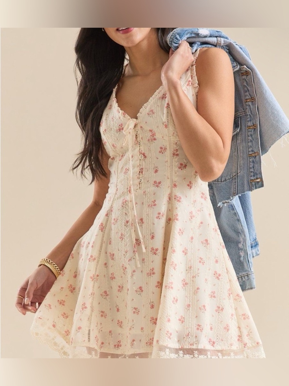 Alter’d State 100% Cotton Cream Floral Lace-Trim Sundress